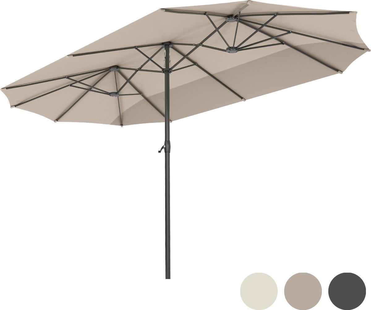 LifeGoods Doppelter Sonnenschirm - 270x460cm - Bis zu 15 Personen - Wasserdicht - Mit Bezug - Taupe