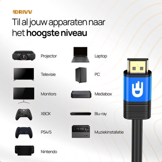 Drivv. Premium-HDMI-Kabel 2.1 – Ultra HD High Speed 8K – HDMI auf HDMI – Geeignet für Spielkonsolen – 10 Meter – Blau