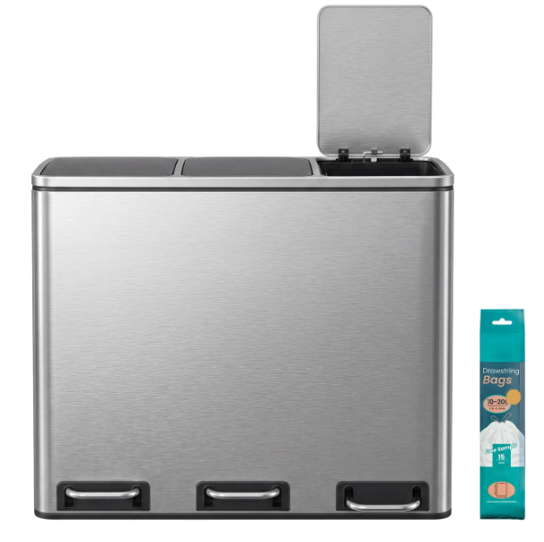 Joyfurnos Abfallbehälter mit 3 Fächern, 3 × 18 l – Silber & Schwarz – 61 × 31,5 × 55,5 cm