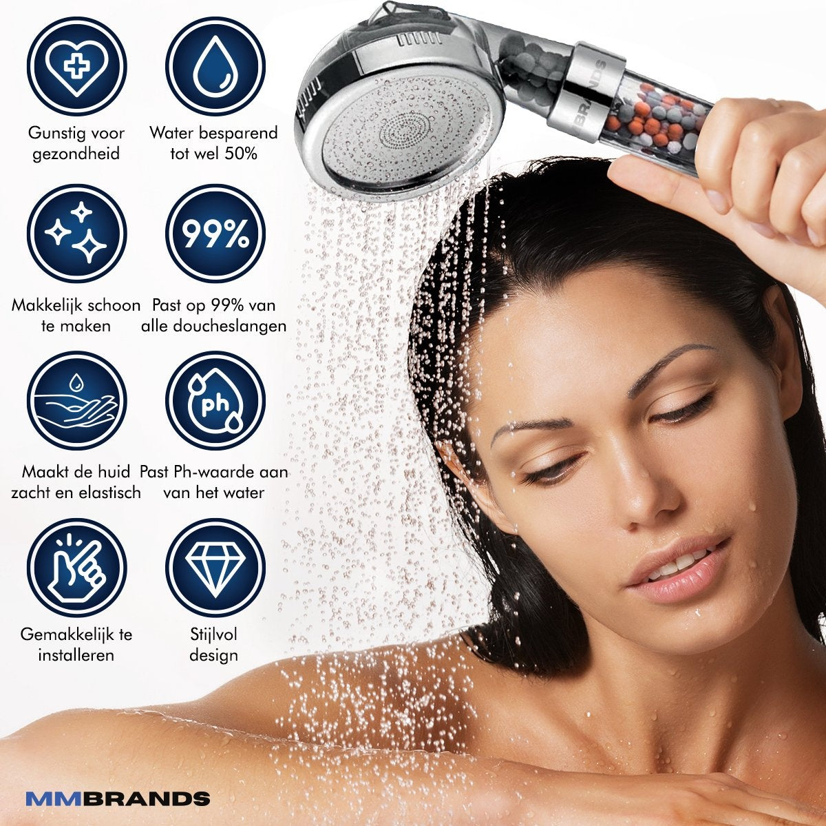 MM Brands Ionischer Duschkopf - Wassersparender Duschkopf - Hochdruck-Handbrause mit Filter - Regendusche