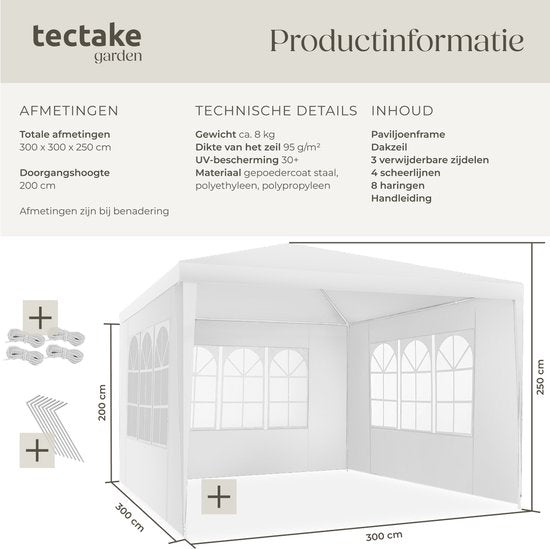 tectake - Pavillon - mit verstärktem Rahmen - Partyzelt 3x3 m - wasserdichte Plane - abnehmbare Seitenteile - wetterfester Gartenpavillon - inklusive Spannleinen und Heringe - weiß - Pop-up-Faltzelt