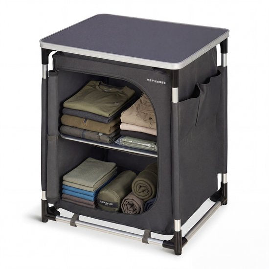 TRVLMORE Camping-Schrank – Campingküche – 70 kg Tragkraft – Aluminiumrahmen – zusammenklappbar – inkl. Tragetasche – 50 x 60 x 72 cm – grau