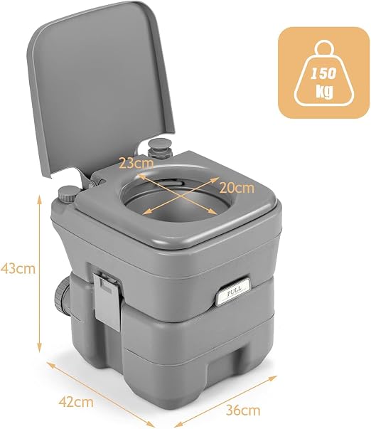 Goplus Tragbare Campingtoilette 20 l + 10 l – HDPE – Spülsystem – Bis zu 200 kg – Grau