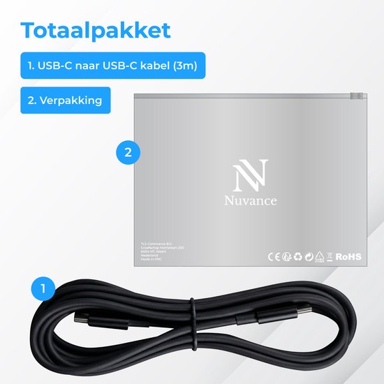 Nuvance USB-C-Kabel – 100 W – USB-C auf USB-C – 3 Meter – USB-C-Kabel – Schnellladegerät – 480 Mb/ps Datenübertragung – USB-C-Ladegerät – Schwarz
