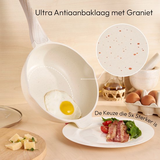 Just Perfecto 12-teiliges Induktionspfannenset - Beigefarbenes Pfannenset mit Deckel für Gas und Induktion - PFAS frei - Kalte Griffe