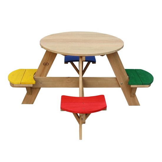 AXI Ufo Picknicktisch Rund für 4 Kinder in Regenbogenfarben - Picknicktisch aus Holz - 120x120x56cm