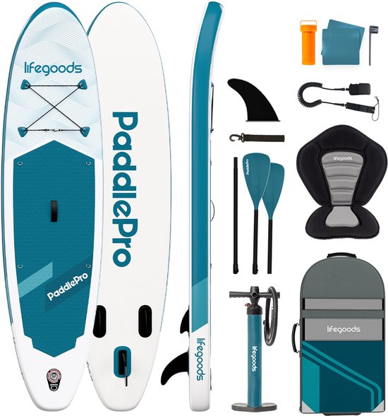 LifeGoods SUP Board All-round Compact - Mit Sitz - 100 KG Tragfähigkeit - 300 x 76 cm - Aufblasbar - Komplettes SUP Paket - Deep Aqua