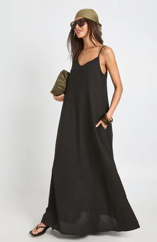 Maxikleid im Leinen-Look mit Volant am Saum – Größe 36