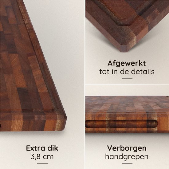 Deleca Nussbaum Kupferholz Schneidebrett - Doppelseitig mit Saftrinne / Griffe - Großes und dickes Schneidebrett - Für Küche, Langlebige Schneidebretter, Servierbrett, Käsebrett, Getränkebrett, Tapasbrett - Nussbaumholz - Ohne Kunststoff - 51x38x3,8 cm