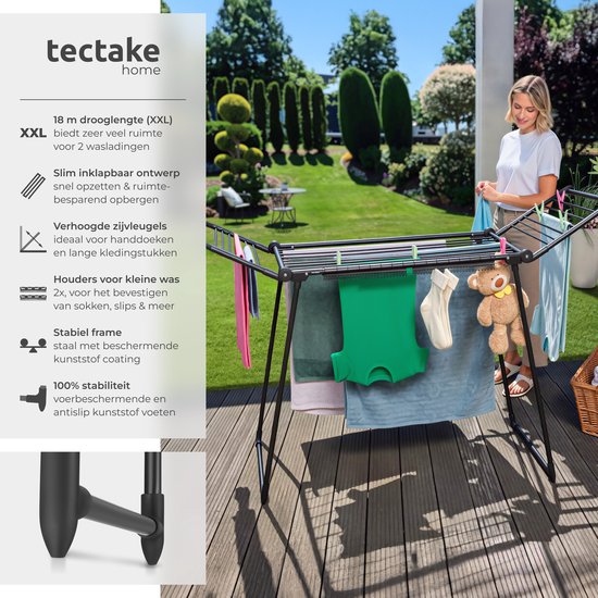 tectake® Wäscheständer – Wäschetrockner – 18 Meter Trockenlänge – zusammenklappbar – Standmodell – Wäscheständer mit 2 Halterungen für kleine Wäsche – hohe Seitenflügel für lange Kleidungsstücke – schwarz