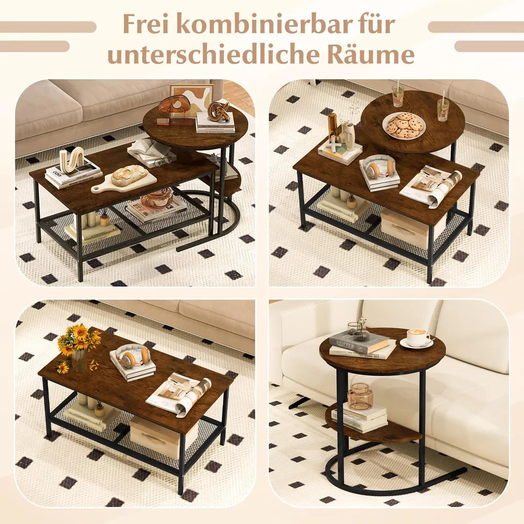 Coast Couchtisch 2er-Set - Ovaler und runder Beistelltisch mit Metallgestell - Braun