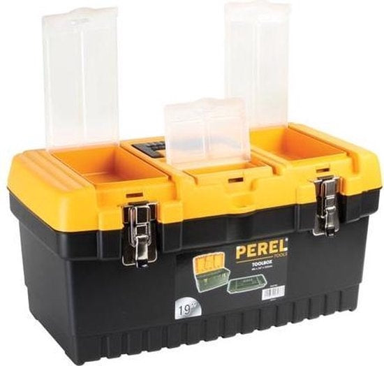 Perel Werkzeugkoffer, Polypropylen, mit herausnehmbarem Einsatzfach, 3 Ordnungsfächer im Deckel, Klappgriff und Metallverschlüssen, schwarz/gelb, 486 x 267 x 242 mm