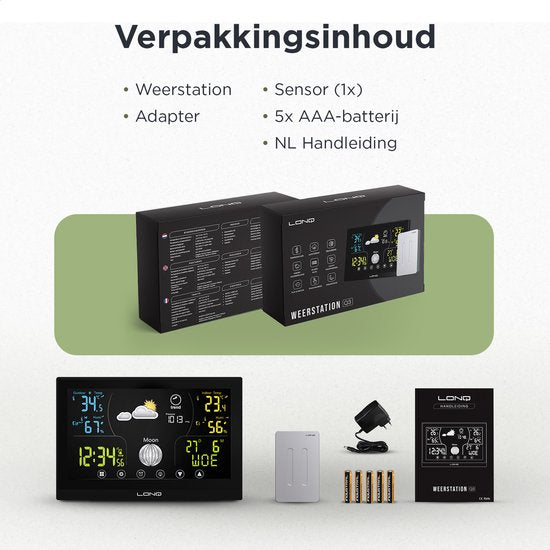 LONQ Innen- und Außenwetterstation Q3 - inkl. Batterien - Funkwetterstation mit Außensensor - Thermometer Hygrometer - Touchscreen Farbdisplay - DCF-gesteuerte Uhr