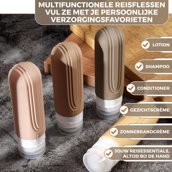 EverNeeds Reiseflaschen mit Etui - Nachfüllbar - Silikon-Reiseflaschen Handgepäck - Hell Apricot - 4 Stück