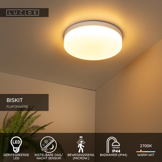 Lucide BISKIT – Deckenleuchte (Deckenlampe) für das Badezimmer – Ø 34,5 cm – LED – 1x24 W, 2700 K – IP44 – Bewegungssensor – Weiß