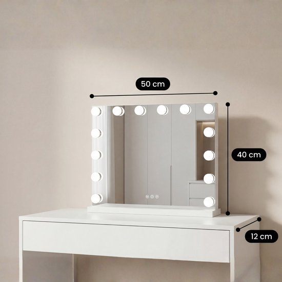 Bayt Hollywood Spiegel mit Beleuchtung - Make-up Spiegel mit Beleuchtung - Spiegel mit Beleuchtung - dimmbar - 10x Vergrößerung - 50x40cm - Weiß
