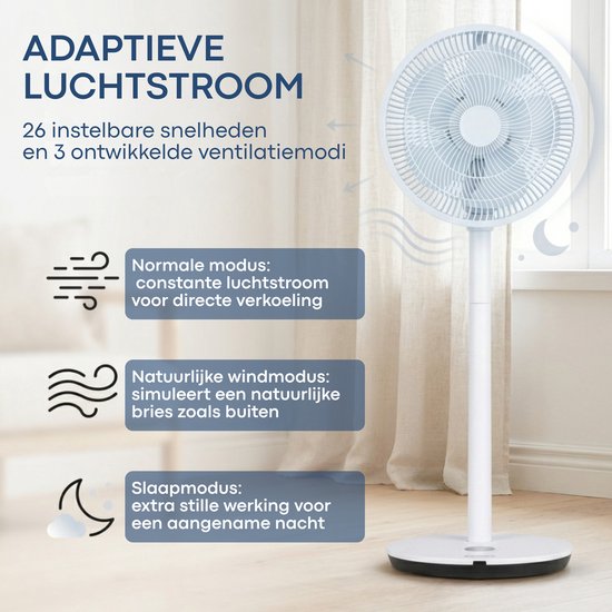 Aironex Ventilator – Leiser Standventilator mit 26 Geschwindigkeitsstufen – Steuerung per App – Geringer Stromverbrauch – Weiß – Mit Aromafunktion und WLAN – Timer und Nachtmodus – Höhenverstellbar – Horizontale + vertikale Schwenkfunktion