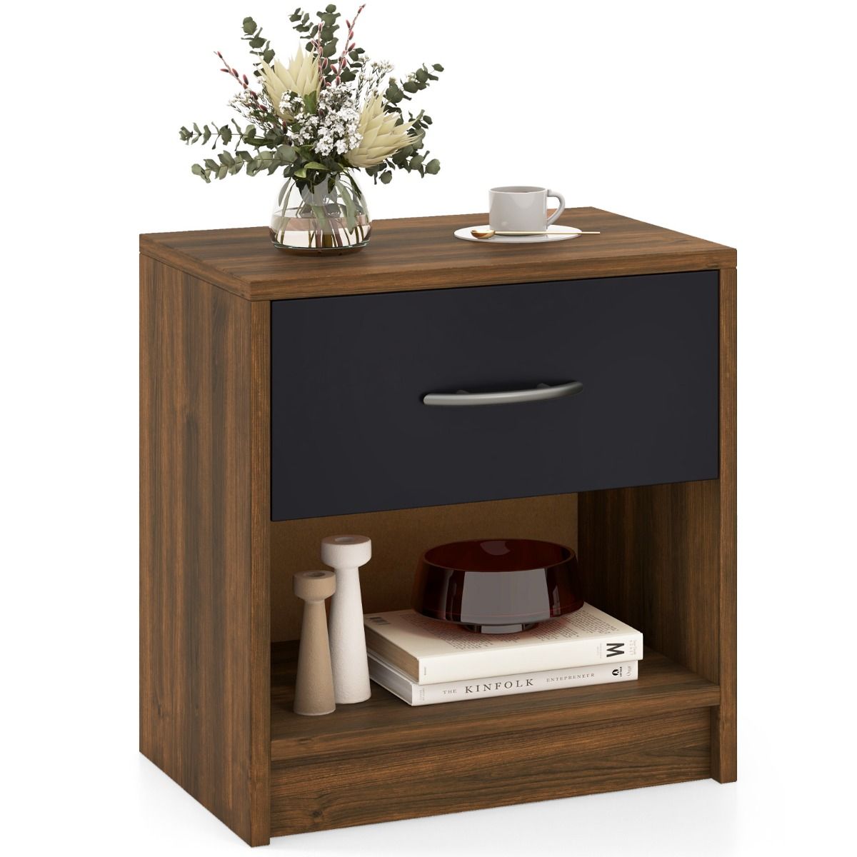 Coast Nachttisch – mit Schublade und offenem Ablagefach – kompaktes Design – braun und schwarz – 38,5 x 28 x 40,5 cm