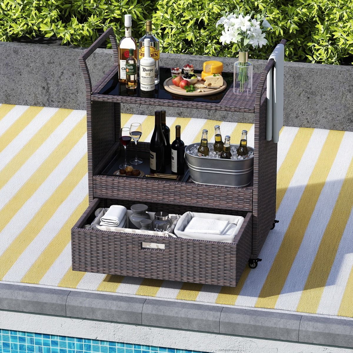 Coast Barwagen aus Korbgeflecht – mit Platte aus gehärtetem Glas – große Schublade und offenes Regal – braun – 85 x 47 x 92 cm