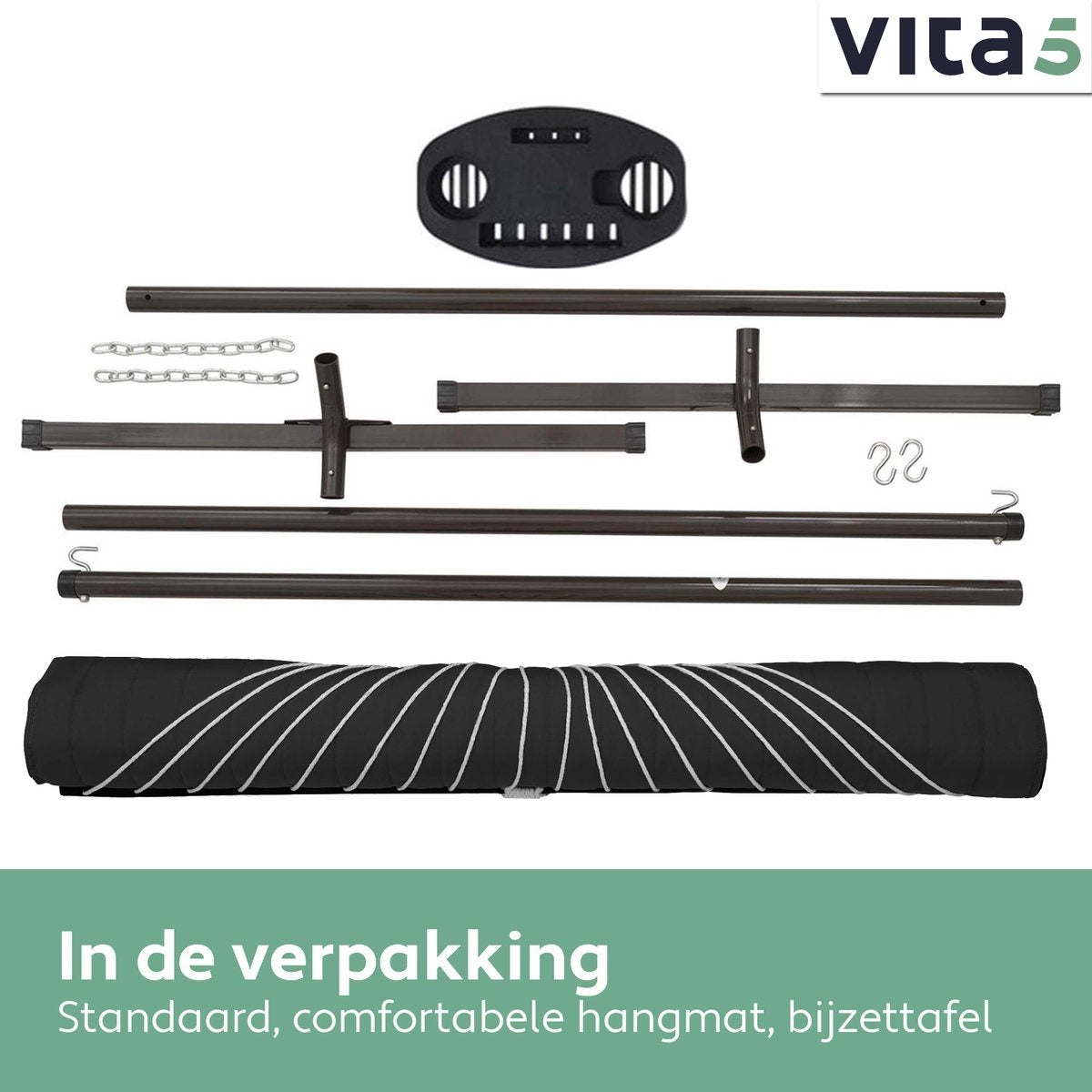Vita5 Hängematte mit Ständer und Spreizstange - 2 Personen - inkl. Getränkehalter - abnehmbares Kissen - UV-beständig - Schwarz