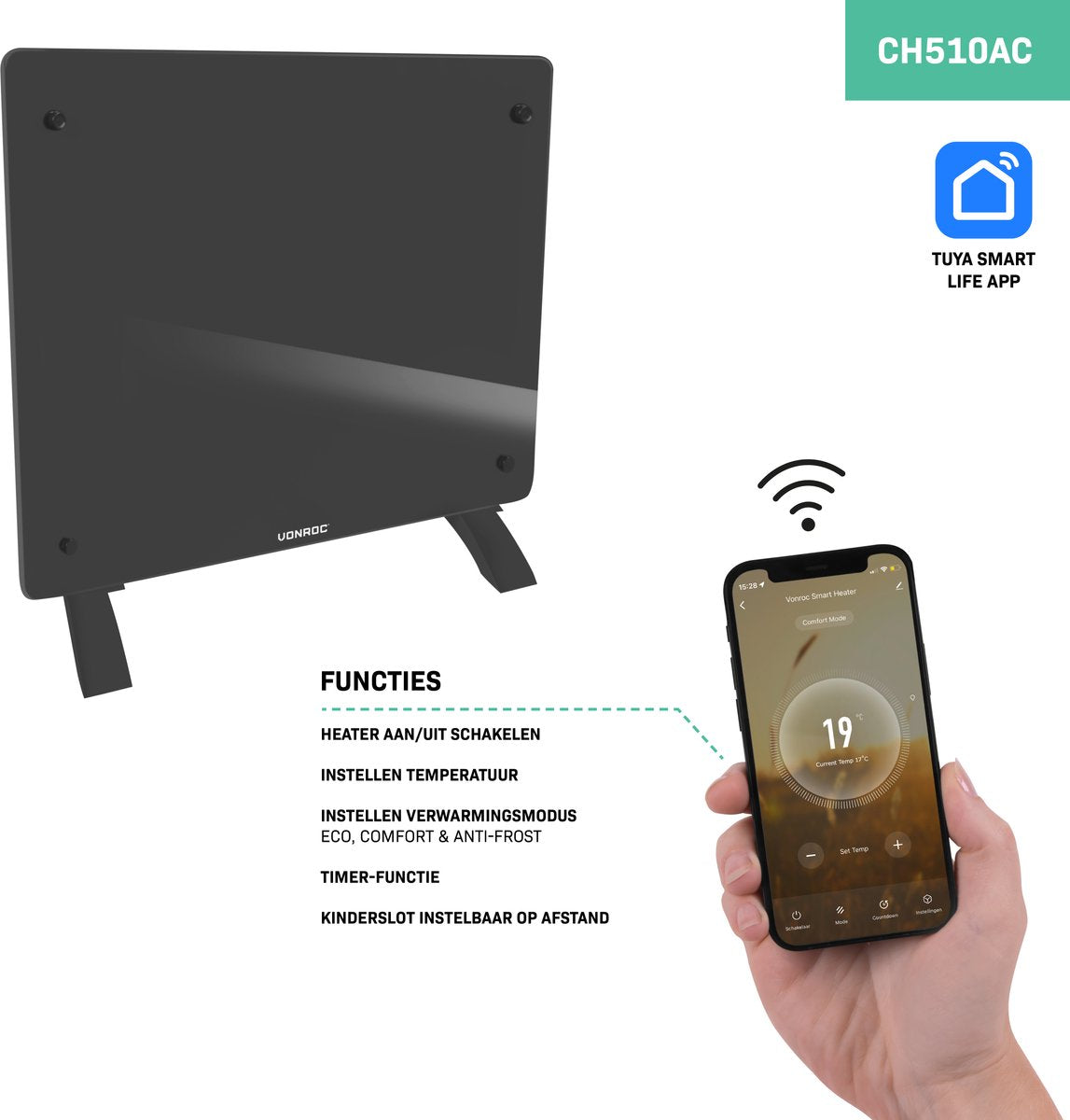 VONROC Luxus-Elektrokonvektor mit Glasscheibe - 500W/1000W - Wifi & manuelle Steuerung - einstellbarer Thermostat und Timer - heizt bis zu 12m² - Grau