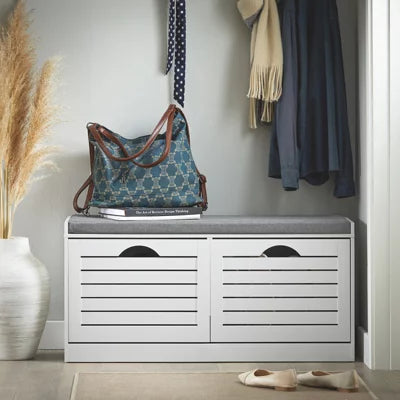 SoBuy Schuhschrank mit Sitzkissen – 2 Klappen – 94 x 30 x 47 cm – Weiß