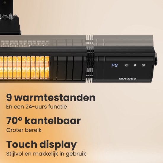 Auronic Terrassenstrahler - Infrarotheizung - Touch Display - 10m2 - Elektrisch - 2000W - Fernbedienung - 9 Stufen - Schwarz