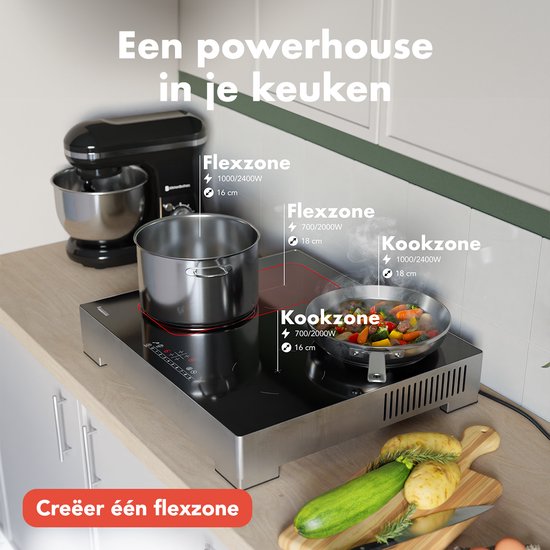 KitchenBrothers Induktionskochfeld - Freistehendes Induktionskochfeld - 60 cm - 4 Zonen - 1x Flexzone - 1 Phase - bis zu 3500W - Silber/RVS