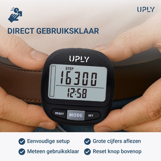 Uply Schrittzähler mit Clip und Trageriemen - 3D-Sensor - Taschen-Schrittzähler - inkl. Batterie - Schwarz