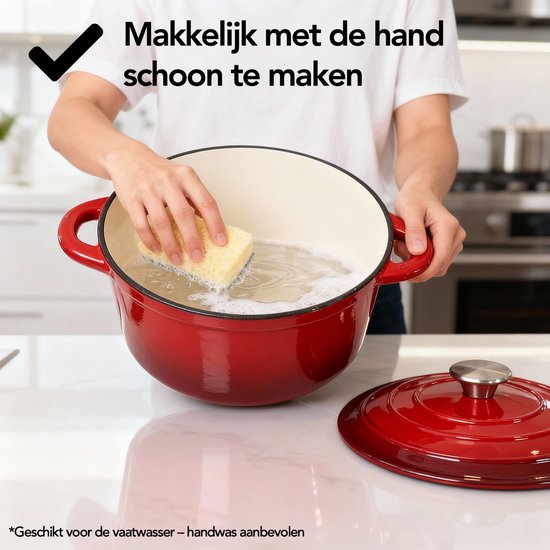Aviro Gusseisen-Kasserolle - Ø26CM - 5L - Alle Wärmequellen inkl. Induktion - Eintopf - PFAS-frei - Mit Deckel - Rot