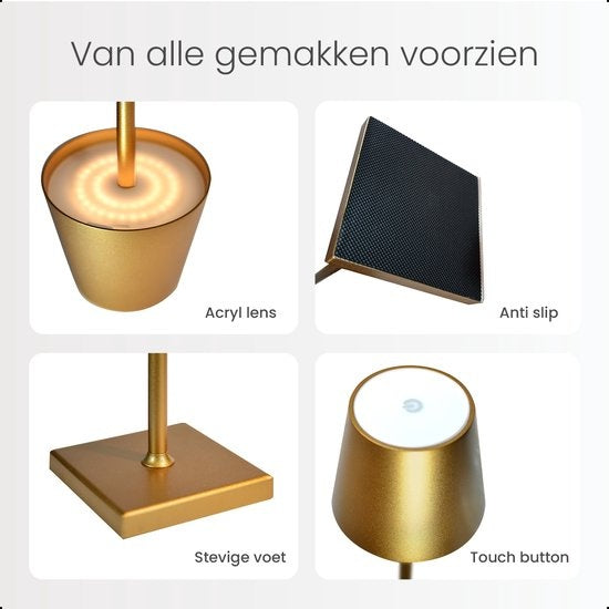 Goliving Tischlampe Wiederaufladbar - Kabellos und dimmbar - Moderne Touch-Lampe - Nachtlampe für das Schlafzimmer - 38 cm - Gold