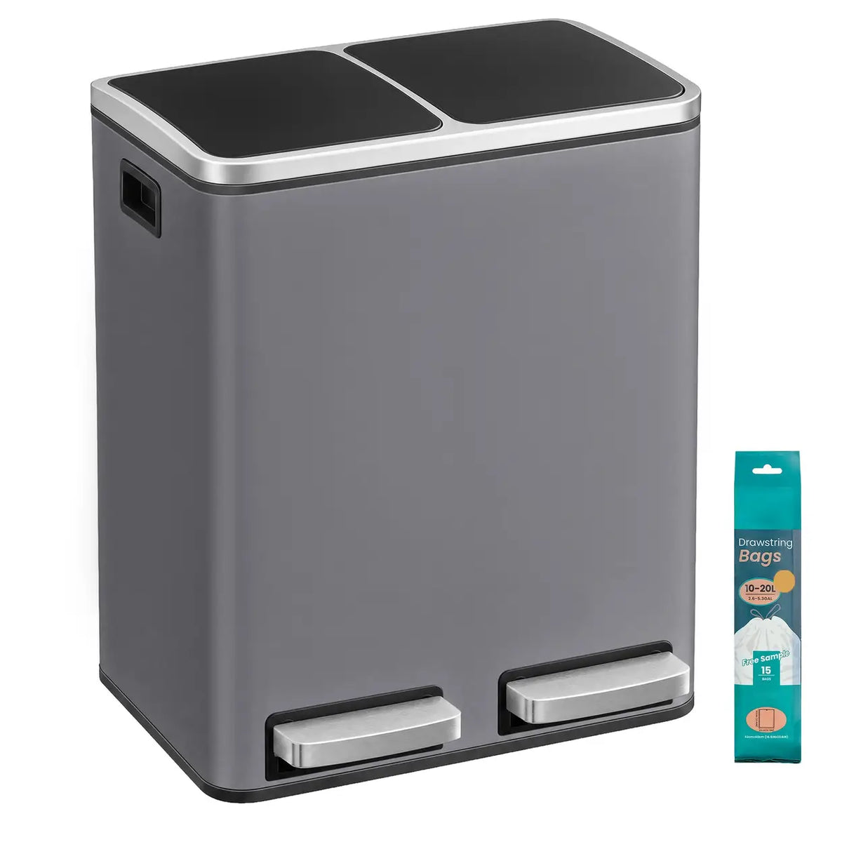 JOYFURNOS Mülleimer 16 l – 41,8 × 35,9 × 44,5 cm – Grau – Zwei Fächer mit Softclose