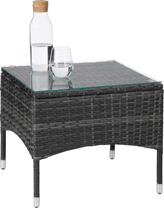 tectake - Geflechtmöbel-Gartenset mit austauschbaren Bezügen, 2 Stühle und Tisch mit Glasplatte, 2x Outdoor-Loungesessel mit Armlehnen und Gartentisch, Gartenmöbel-Set, Balkonmöbel - - grau - Poly-Rattan
