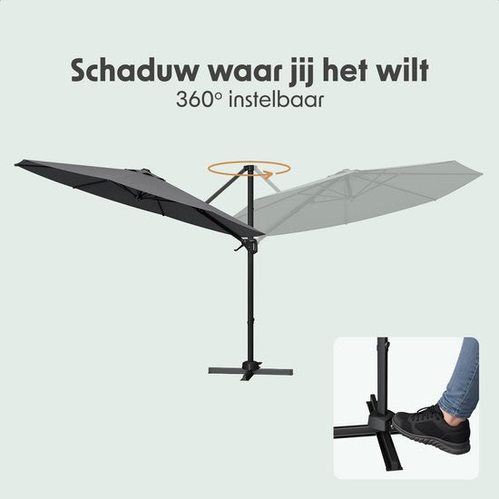 LifeGoods Schwebender Sonnenschirm - 6 Ständer - 360° drehbar - Rund Ø300 cm - Inklusive Schutzhülle - Anthrazit