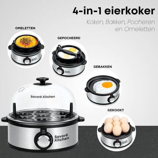 Savoré Kitchen 4-in-1 Eierkocher 7 Eier - Antihaft-Bratplatte - Elektrisch - Eierkocher mit Zeitschaltuhr