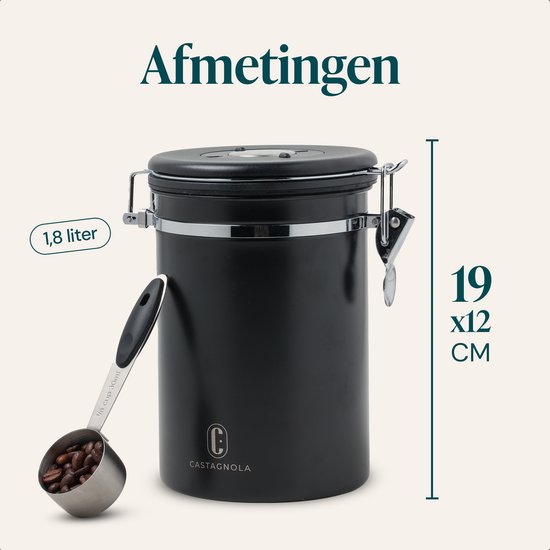 Castagnola Kaffeevorratsbehälter 1,8L - Mattschwarz - Luftdicht mit CO2-Auslass - 600 Gramm - 12,5 x 12,5 x 19 cm