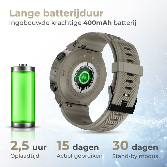 Nuvance - Outdoor Smartwatch - IP67 Wasserdicht - Bluetooth Smartwatch für Frauen und Männer - Smartwatches - Sportuhr mit Schrittzähler, Kalorienzähler, Schlafmesser - Geeignet für alle Smartphones - Grau
