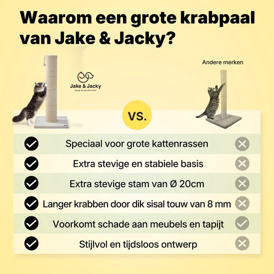 Jake and Jacky Kratzbaum für große Katzen – Natur/Creme – mit Spielball – 56 x 56 x 120 cm – Ø Sisal-Kratzbaum 20 cm