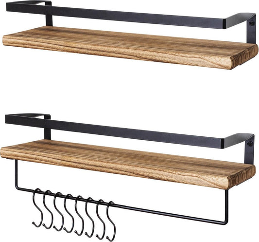 LifeGoods Schwebendes Wandregal - 2 Stück - 41cm - Handtuchhalter und 8 Haken - Industriell - Holz - Braun/Schwarz