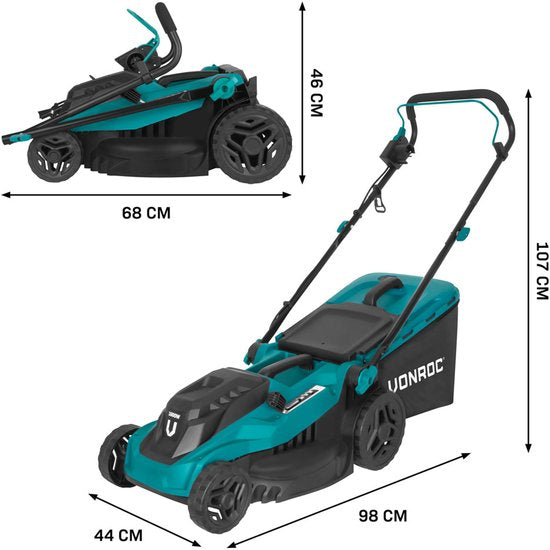 VONROC Rasenmäher - 1600W - 38 cm Schnittbreite - Fünf einstellbare Schnitthöhen: 25/40/50/60/70 mm - Inkl. 42L Auffangbehälter
