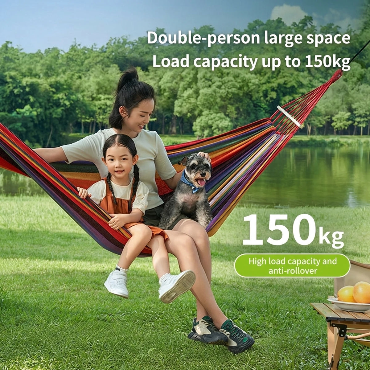 ochama x J.ZAO Doppelte Camping-Hängematte 200 × 150 cm – Rainbow – 150 kg Tragkraft – Holzspreizstangen – inklusive 2 Gurten