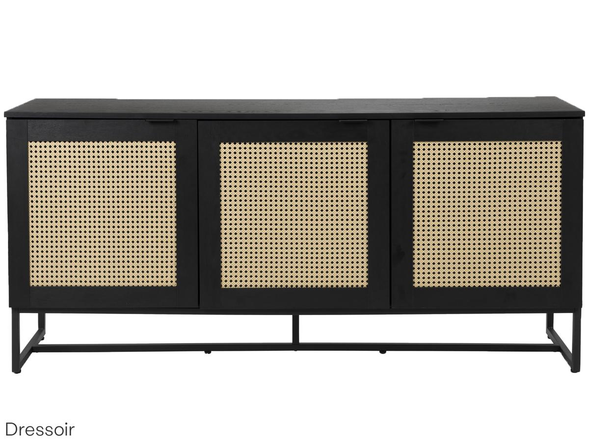 von fonQ TV-Möbel „Cube“ – 150 x 40 x 50 cm – Schwarzer Holzschrank mit Rattan-Geflecht-Details und Metallgestell – Bohemian-Stil