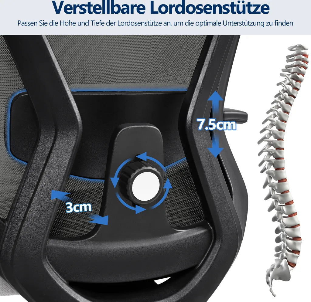 Yaheetech Ergonomischer Bürostuhl - Mesh - Verstellbar - Mit Kopfstütze - Armlehnen - Schwarz