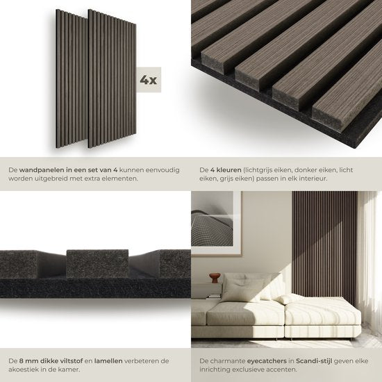 tectake® Akustikpaneele - 4er-Set - Akustik-Wandpaneele - 60 x 120 cm - 2,88 m² - Wandpaneele mit verstellbarer Größe - Lattenwand aus MDF und Holzfurnier - Schalldämmung - stilvolle Wanddekoration - einfache Montage - Eiche grau