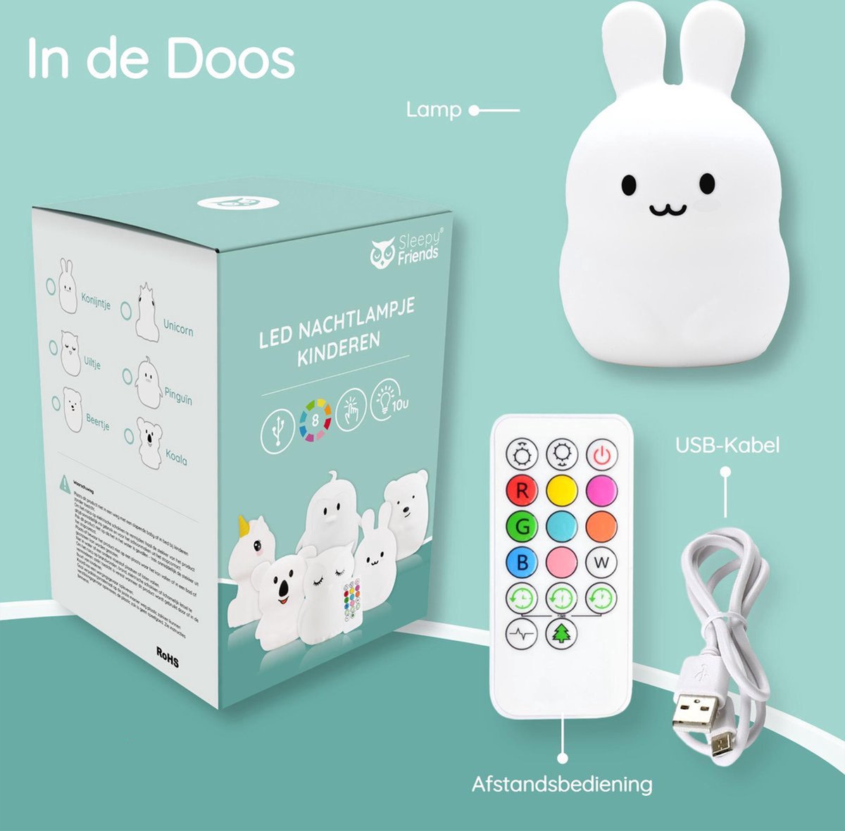 Sleepy Friends Nachtlicht Kinderhase - LED - 8 Farben - dimmbar - 95.2x97.4x100 mm - USB aufladbar - inkl. Fernbedienung