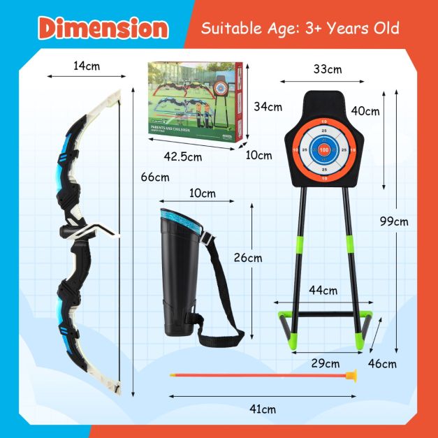 Pfeil und Bogen Set für Kinder mit LED-Beleuchtung - inkl. 20 Pfeile, 2 Trageköcher, Stand- und Hängeziel - Spielset für drinnen und draußen - 110 x 30 cm