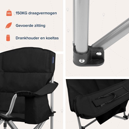 TRVLMORE Campingstuhl - Zusammenklappbar - Komfortabler Klappstuhl - 150 kg Belastbarkeit - Getränkehalter - Kühlfach - Seitentasche - Schwarz