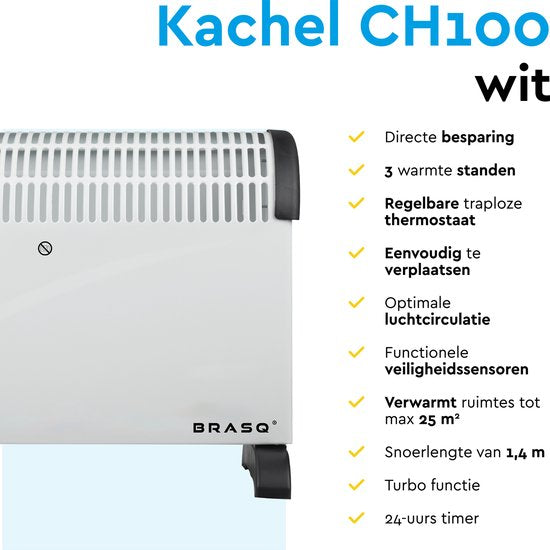 BRASQ - Elektrischer Konvektor - Turbofunktion und einstellbarer Thermostat - Kompakt und leise - Timer - 750/1250-2000 Watt - Heizung mit Überhitzungsschutz - Weiß - Elektroheizung