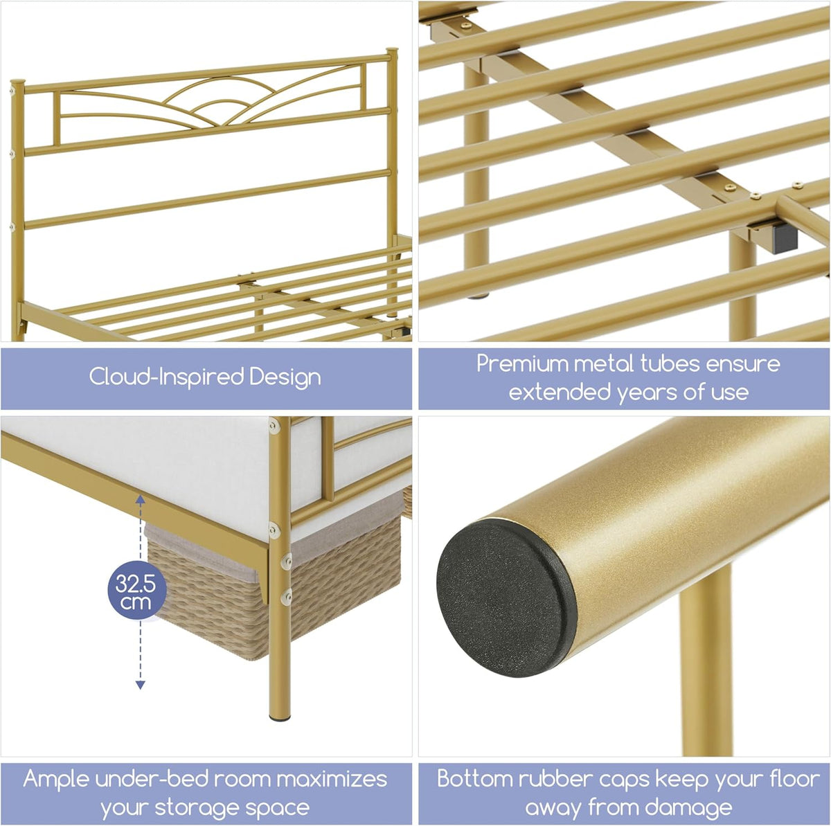 Yaheetech Metall-Bettgestell 140 x 200 cm – Antikgold – Modernes Jugendbett mit Lattenrost und großzügigem Stauraum