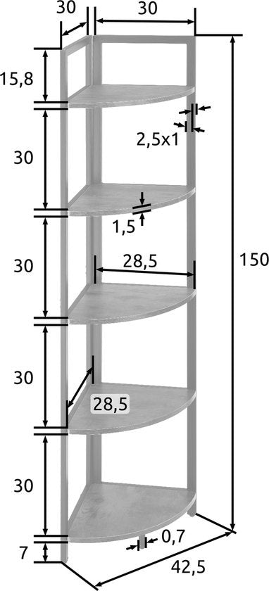 tectake - Eckschrank Castlebar 30x30x150cm - hellbraun - 404772